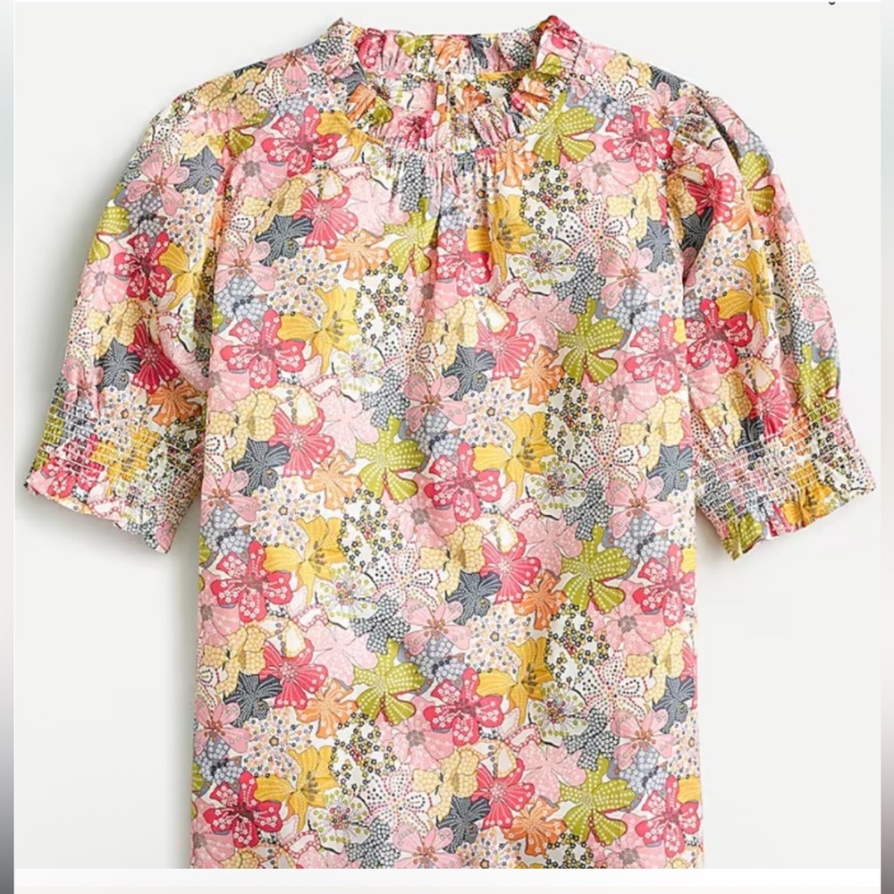 J. Crew Floral Smocked Short-Sleeve Blouse in Pink, Yellow, Green